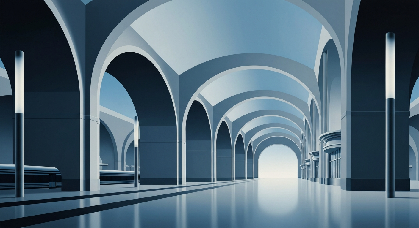 A highly stylized, geometric illustration in shades of blue, grey, and silver, depicting the grand scale and sweeping perspectives of a train station. The image features towering arched entryways and sleek, streamlined forms, capturing the essence of rail travel without any text or identifiable elements.