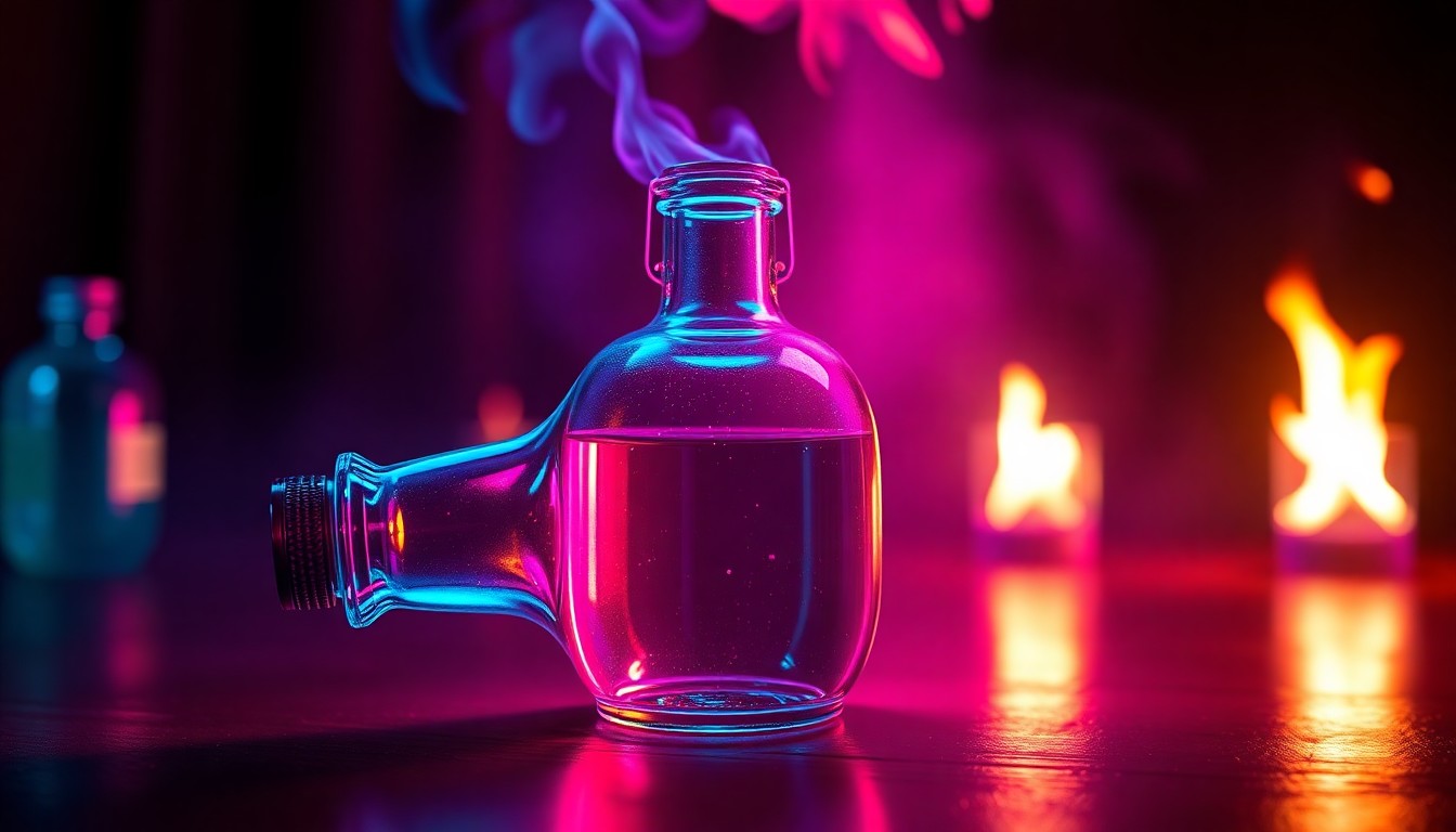 A highly detailed, 3D illustration of a glowing Molotov cocktail, with neon cyan and magenta lights illuminating the glass bottle and the flames, conceptually representing the dark side of technological progress.