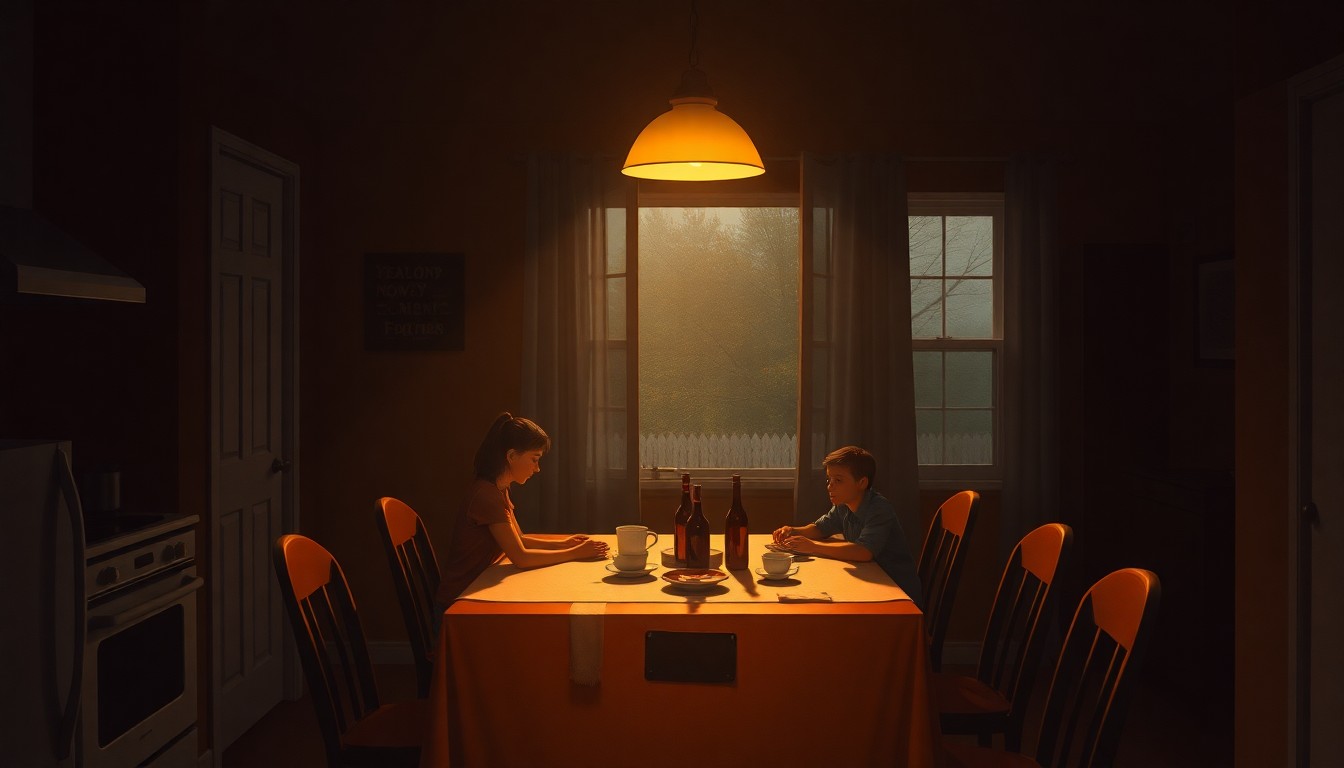 A cinematic painting of a family sitting quietly at a kitchen table in a modest Hyattsville home, the scene bathed in warm, diagonal sunlight and deep shadows, conveying a sense of contemplation and unease.