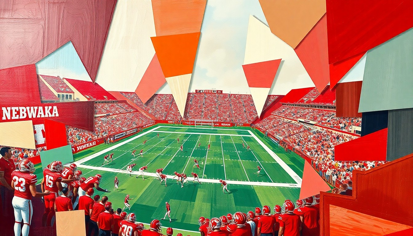 A cubist, geometric painting depicting a Nebraska football game or practice, with the players and field broken down into sharp, overlapping planes of scarlet red and cream colors, capturing the raw energy and movement of the sport.