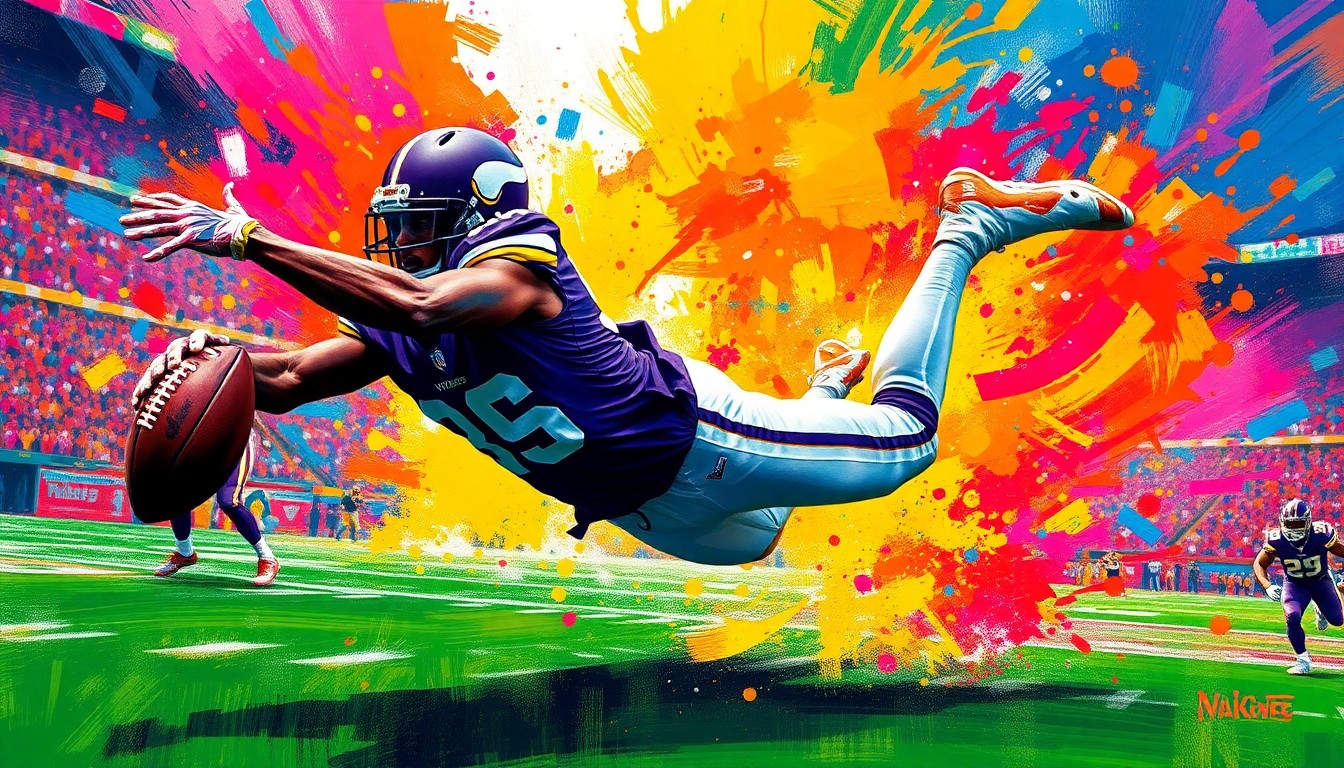 An extreme close-up of a Minnesota Vikings player diving through the air, the details of his uniform and the football field blurred into a vibrant, expressionist painting of neon colors and rapid brushstrokes, capturing the raw energy and excitement of the play.