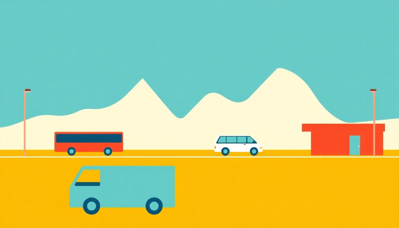 A geometric abstract illustration using bold shapes and primary colors to conceptually represent the economic pressures of rising diesel prices on the transportation industry.