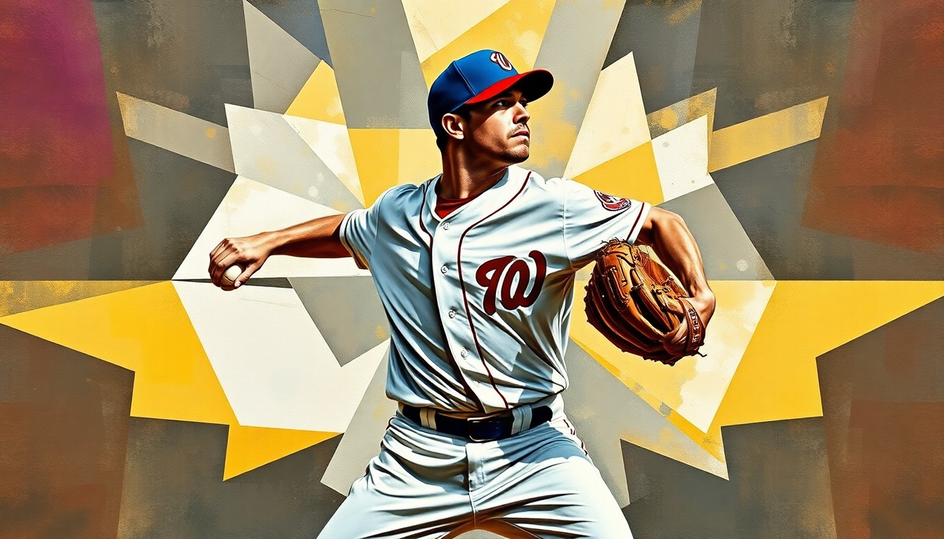 A fractured, geometric painting depicting the dynamic motion of a baseball pitcher, with the player's form broken down into abstract shapes and planes of color, conveying the energy and intensity of the game.