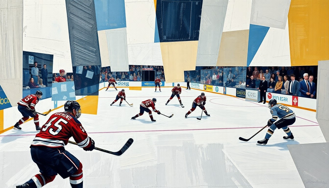 A fractured, cubist-style painting depicting an ECHL hockey game, with players' bodies and equipment broken down into sharp, overlapping geometric shapes and planes of color, conveying the intensity and movement of the sport.