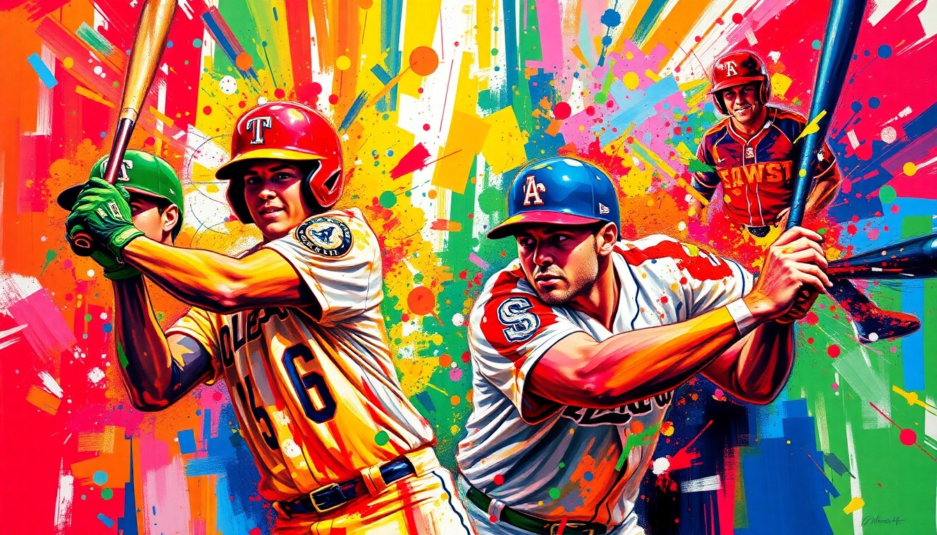An abstract, energetic painting featuring bold, neon-colored brushstrokes that capture the dynamic motion and intensity of a college baseball game, with the players' forms dissolving into expressive, unidentifiable shapes.