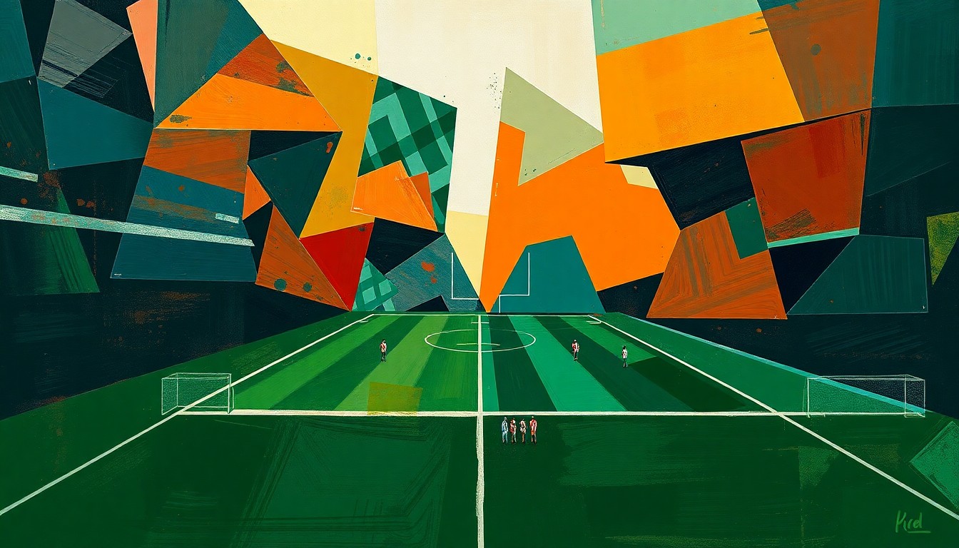 A fractured, geometric painting in shades of navy, green, and orange, breaking down a football scene into sharp, overlapping planes to conceptually represent the multifaceted legacy of a beloved quarterback.