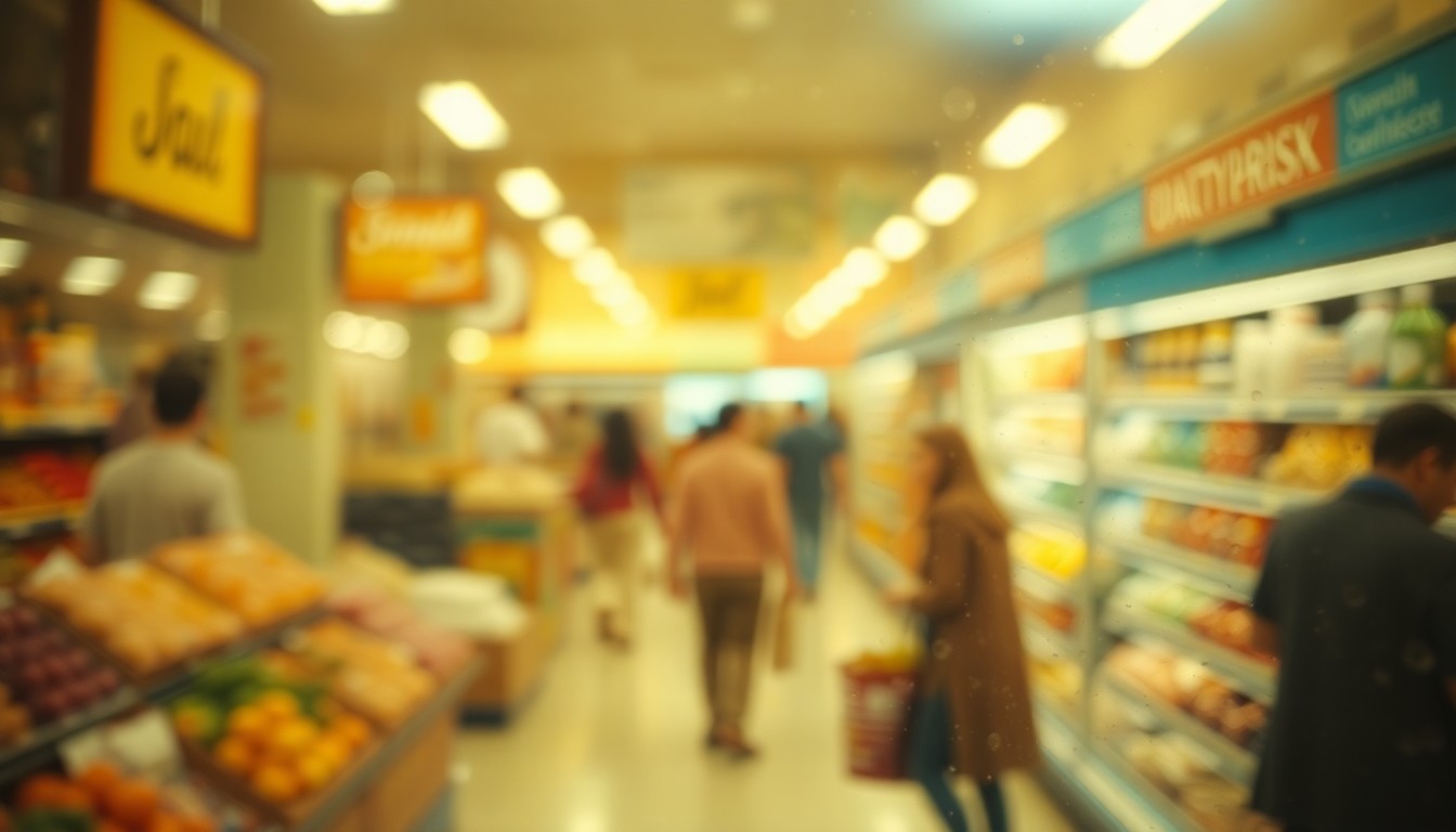An abstract, out-of-focus scene of blurred figures shopping in a grocery store, with soft pools of warm color and light, conveying the mood and atmosphere of a new Trader Joe's opening in the community.