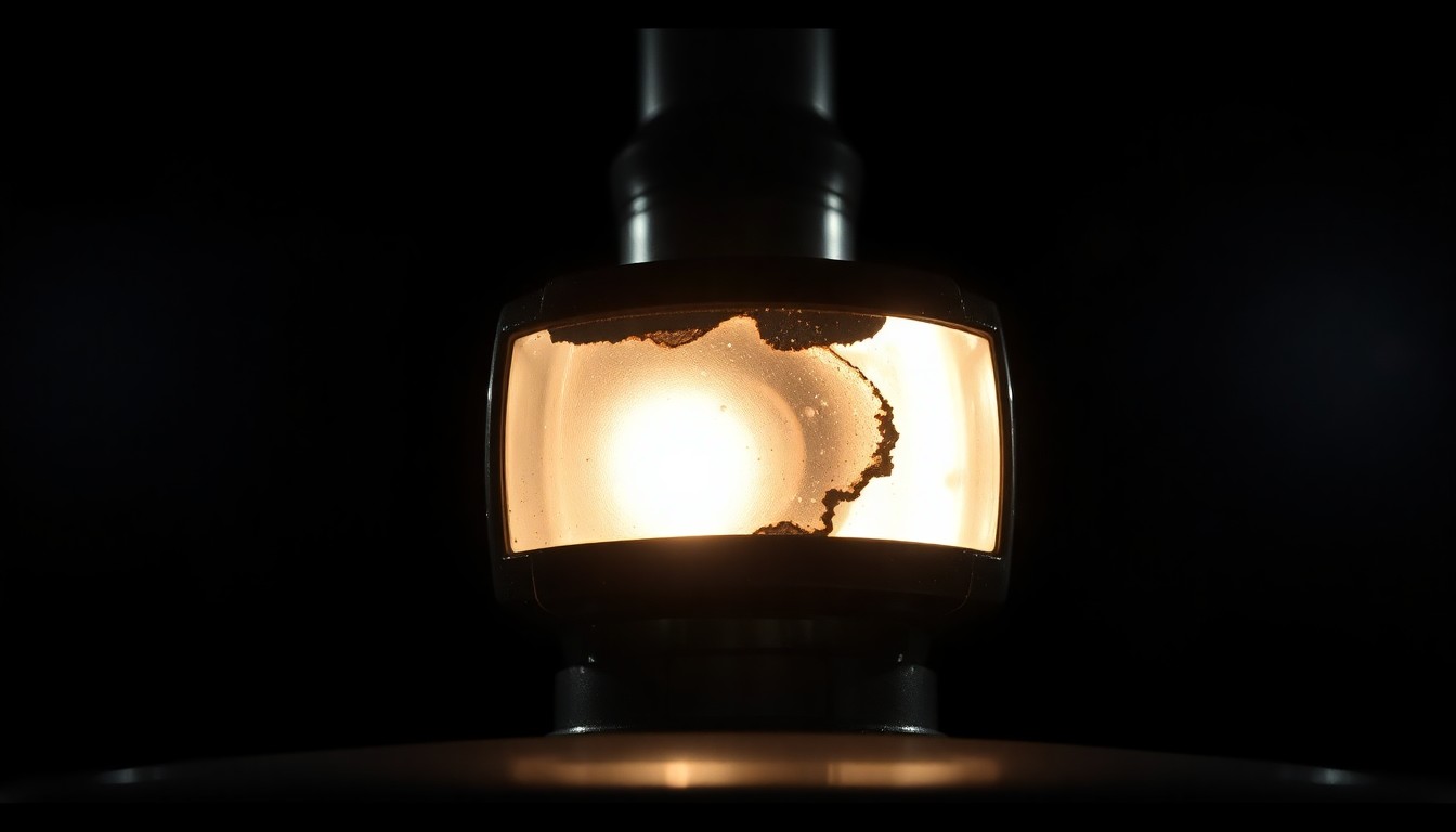 An extreme close-up of a damaged boat sensor or equipment, reflecting a harsh, direct flash of light, conceptually illustrating the risks and hazards of boating on Lake Lanier.