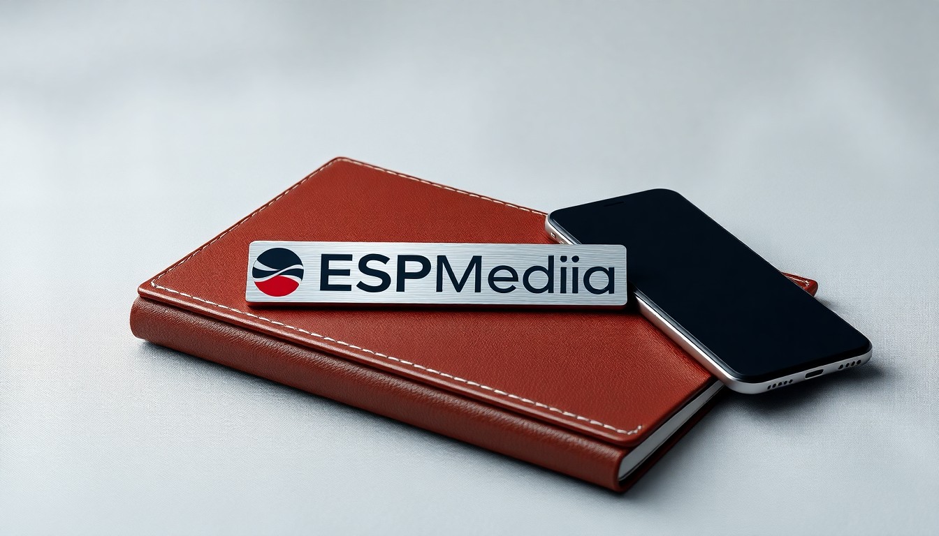 A minimalist studio still life featuring a polished metal nameplate, a leather-bound notebook, and a sleek smartphone, arranged elegantly on a clean, monochromatic background to conceptually represent the corporate strategy and political connections behind a media company leadership change.