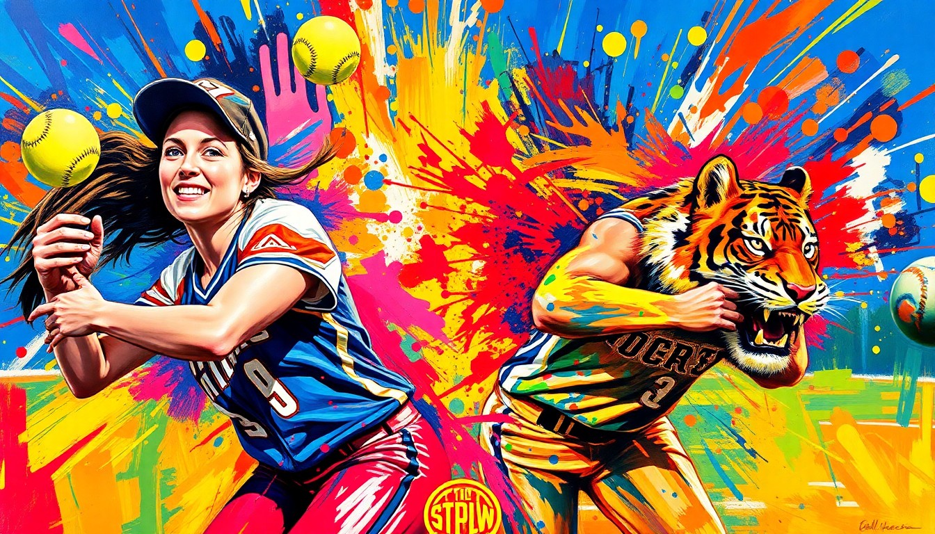 An abstract expressionist painting using vibrant neon colors and rapid brushstrokes to capture the dynamic action and competitive spirit of a high school softball game between two rival teams.