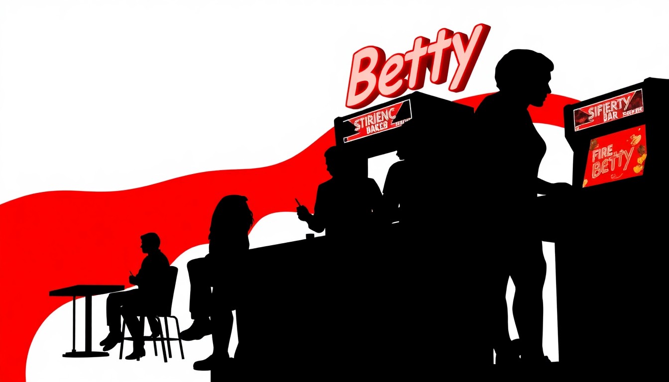 A minimalist, abstract illustration featuring bold, jagged black silhouettes of retro arcade game cabinets and neon-like red and white geometric shapes, conceptually representing the retro gaming atmosphere of the renovated Fire Betty's bar.