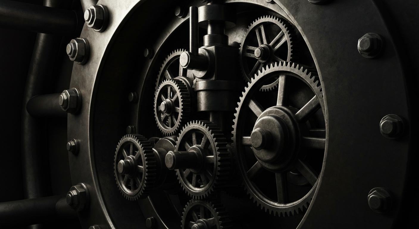 A cinematic close-up of the intricate inner workings of a heavy, industrial bank vault, capturing the tangible power and security of the financial system in a visually striking, non-literal way.