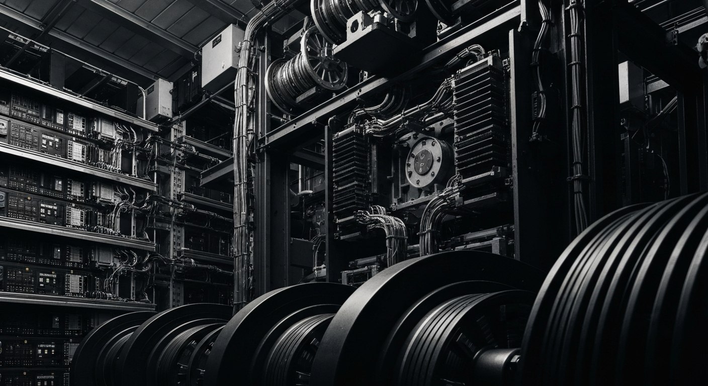 An extreme close-up of the complex inner workings and heavy machinery of a modern data center, rendered in high-contrast black and white to convey a sense of technological power and security.