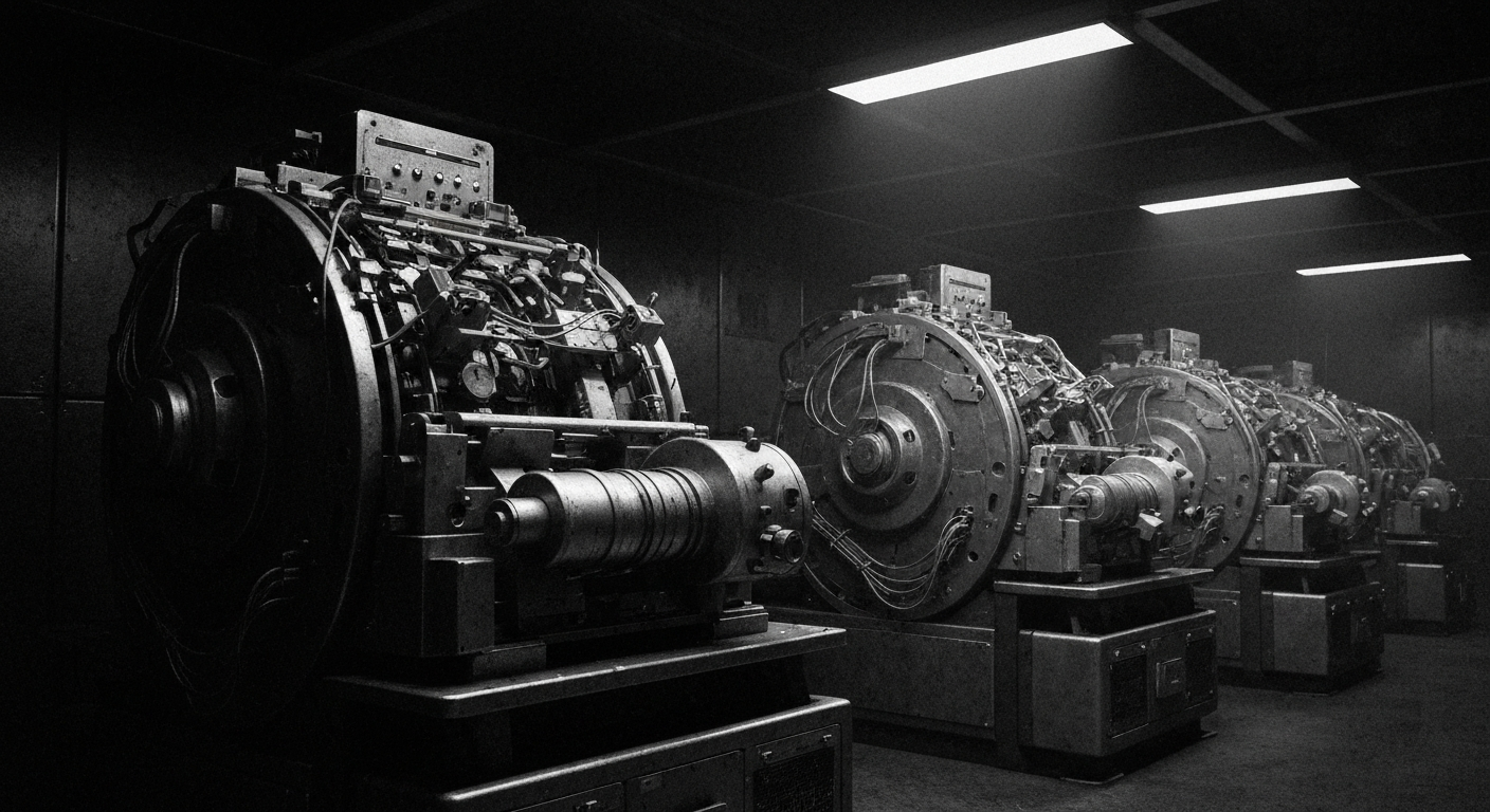 An extreme close-up of various metal gears, levers, and other industrial banking equipment, conveying the complex, behind-the-scenes mechanics of institutional finance.