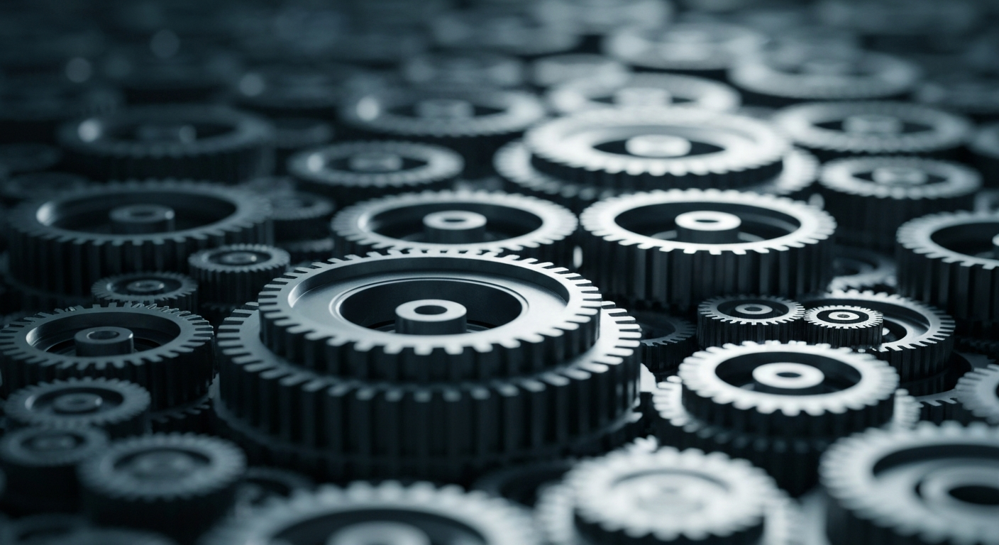 An extreme close-up of the intricate gears and mechanisms of a high-tech financial trading system, conveying a sense of the complex infrastructure underlying modern markets.