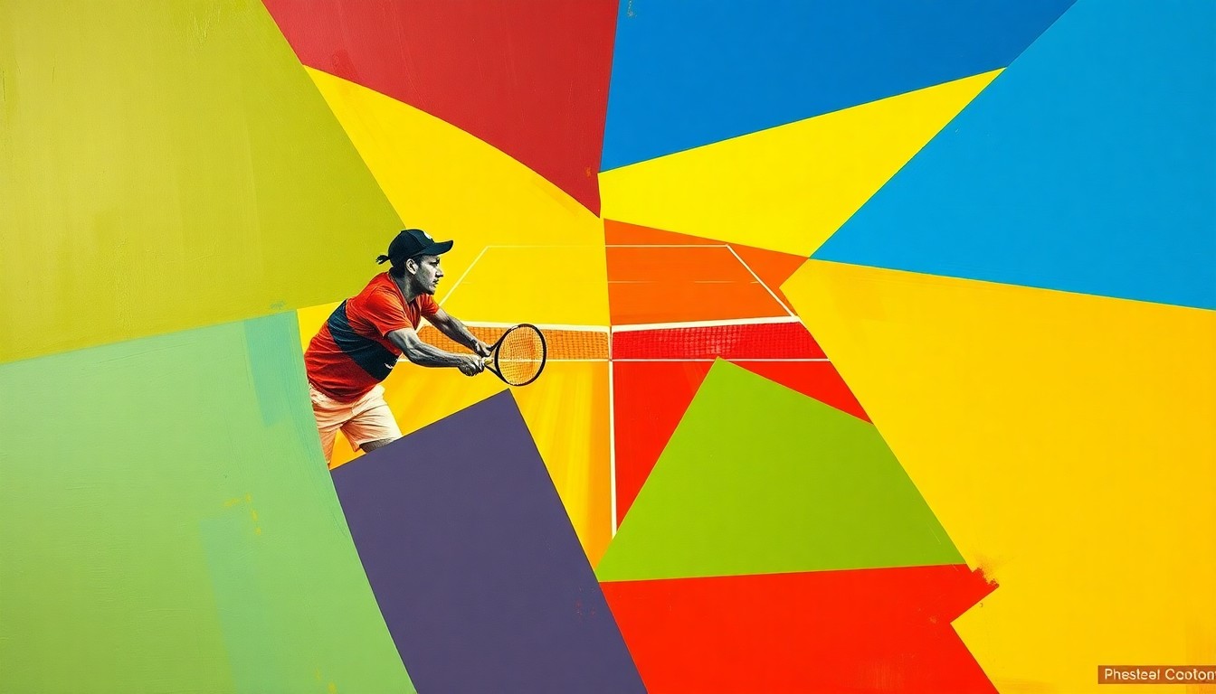 A fragmented, geometric painting depicting a tennis match in motion, with overlapping planes of color and form representing the competitive energy between the two players.