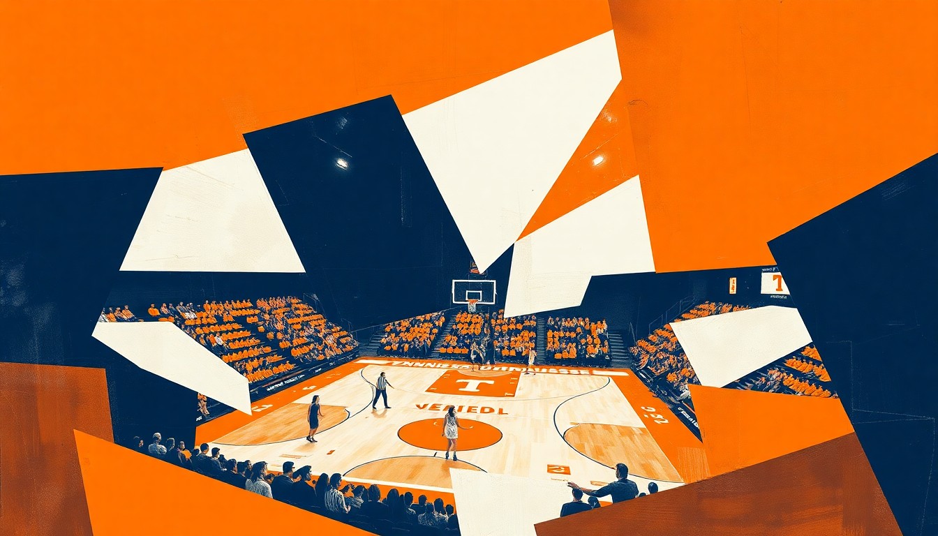 A cubist, geometric painting depicting the fragmented action of a women's basketball game, with sharp planes of orange, white, and navy blue representing the dynamic energy of the sport.