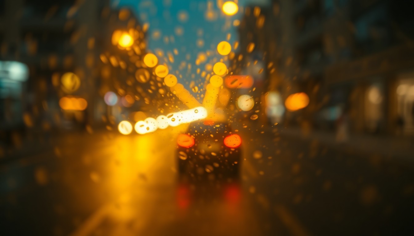 An abstract, out-of-focus photograph of a late-night urban street scene, with the faint silhouette of a car in the distance surrounded by soft, warm pools of yellow, orange, and blue light, conceptually representing the experience of a retiree driving for Uber at night.