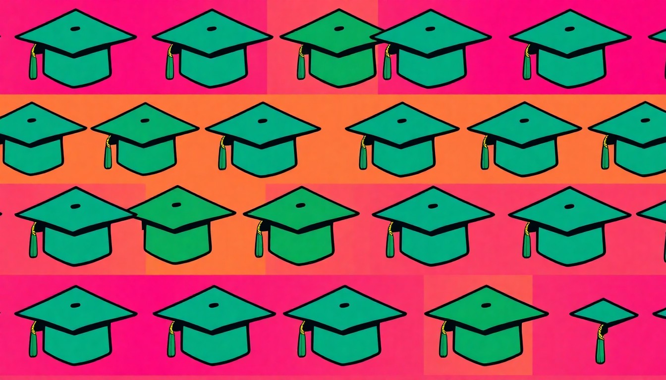 A brightly colored, high-contrast silkscreen print of a mortar board graduation cap repeated in a tight grid pattern, capturing the iconic symbol of higher education in a modern pop art style.