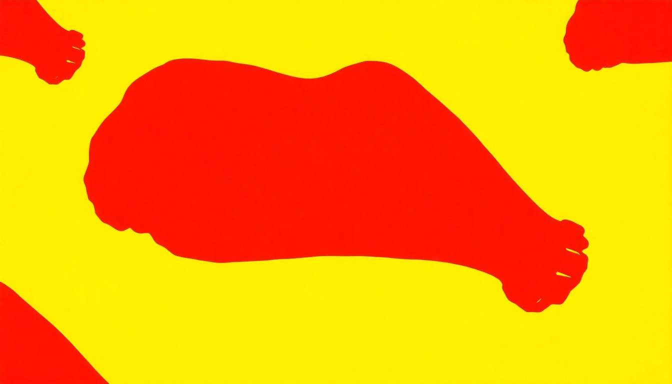 A highly stylized, silkscreen-inspired illustration of a single, iconic chicken wing in a vibrant red-orange color, repeated in a tight grid pattern against a bold, neon yellow background, capturing the playful and flavorful essence of the new Dr. Wings food truck.