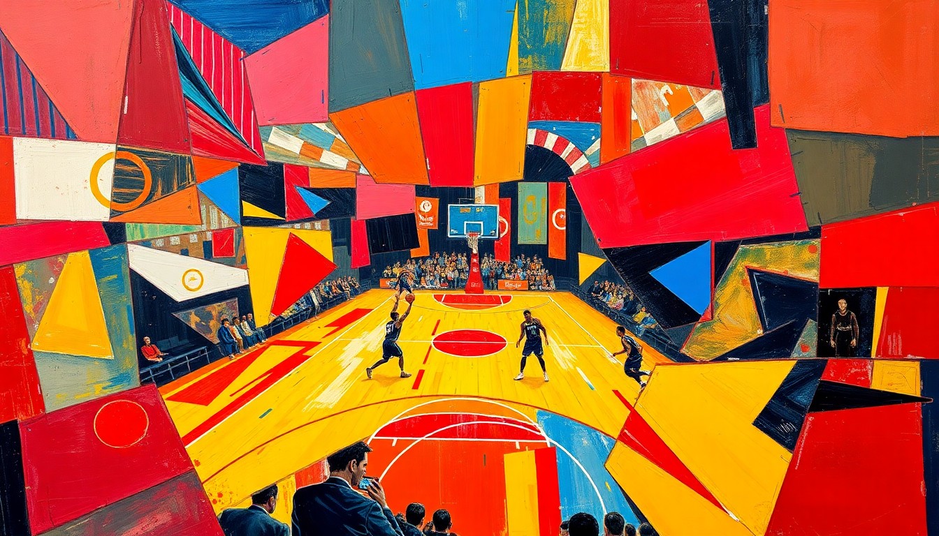 A fragmented, cubist-style painting depicting a basketball game or match, with sharp geometric shapes and planes in vibrant colors like red, blue, and yellow, conceptually representing the challenges the Miami Heat face in the Eastern Conference.