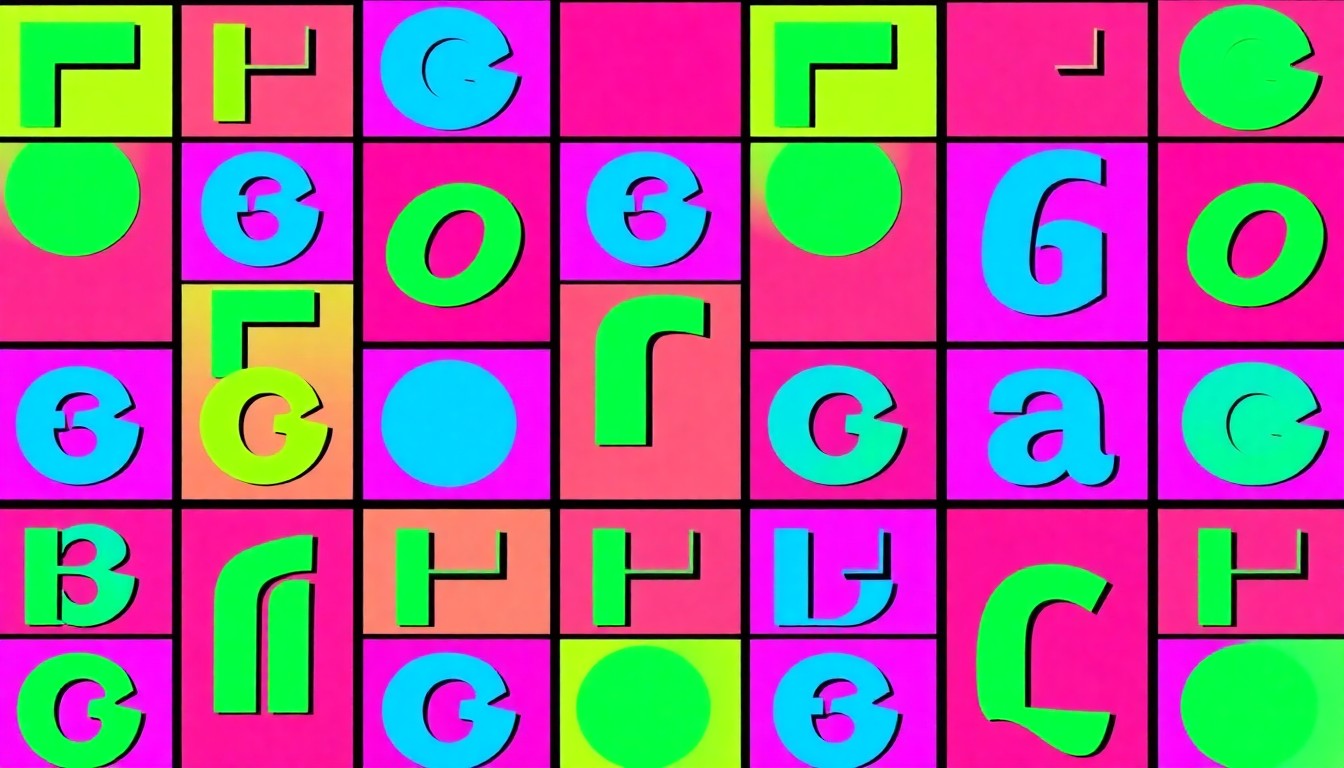 A grid of brightly colored, high-contrast crossword puzzle tiles in neon shades of blue, green, and pink, conceptually representing the playful and engaging nature of solving word puzzles.