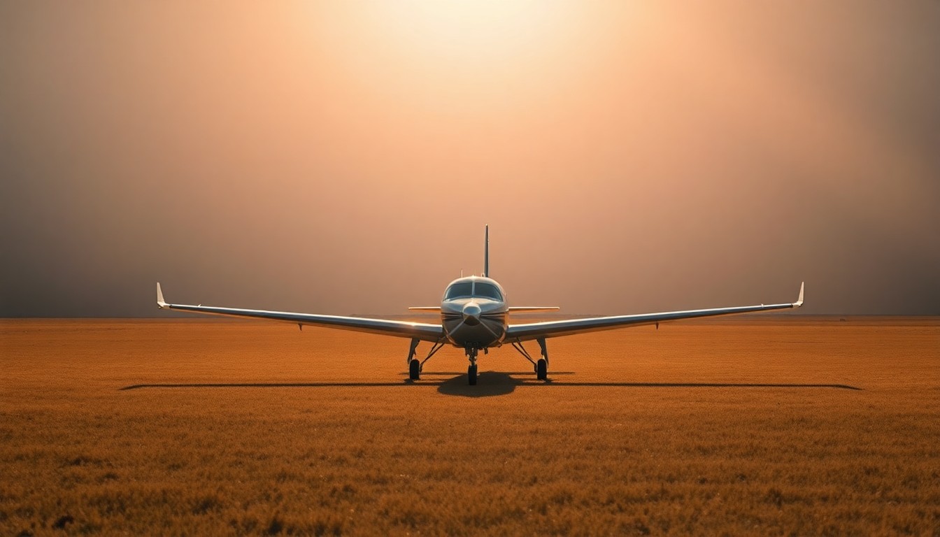 A photorealistic painting of a small private plane sitting alone in a grassy field, with warm sunlight casting long shadows across the scene, conveying a sense of quiet contemplation after an unexpected incident.