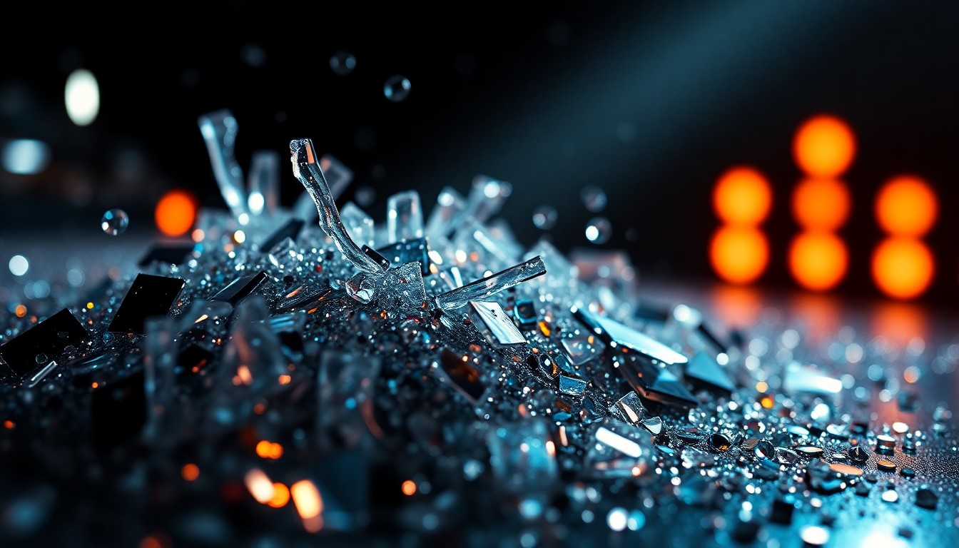 An abstract close-up image featuring shards of reflective glass and sparkling sequins, creating a high-contrast, glamorous texture that evokes the prestige and visual style of acclaimed movies on Netflix.