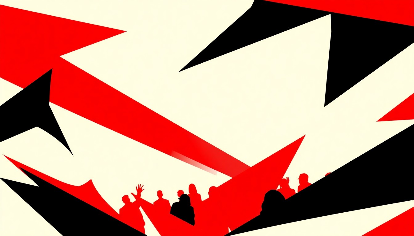 An abstract illustration using bold, geometric shapes and high-contrast colors to represent an outdoor community event with live music, movies, and patriotic activities.