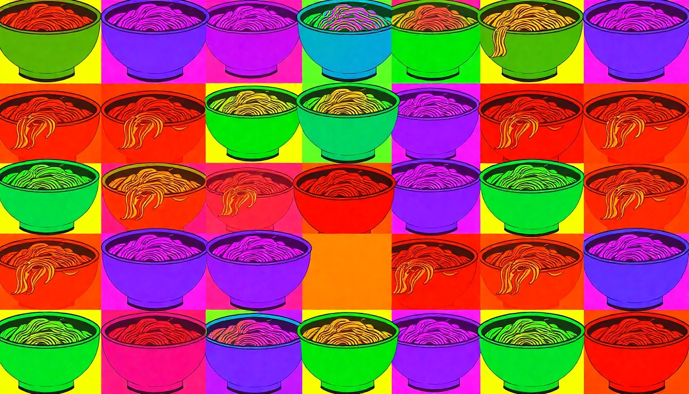 A vibrant, high-contrast silkscreen print featuring a repeating grid of a single iconic soup pasta object, such as a bowl of ramen noodles, rendered in a bold, neon color palette that transforms the everyday food item into a modern pop art masterpiece.