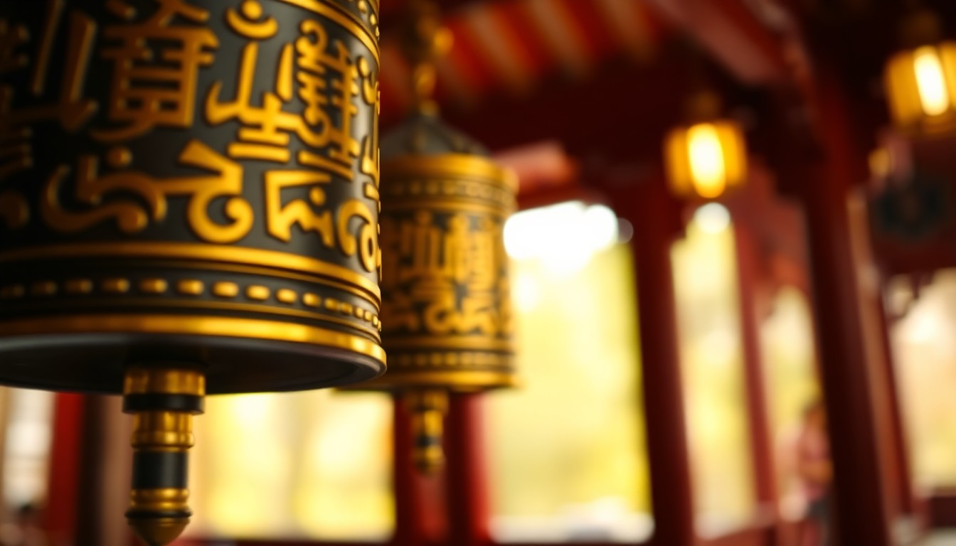 An abstract, impressionistic photograph of a Buddhist prayer wheel, with soft, blurred edges and warm, glowing colors, conveying a sense of spiritual contemplation.