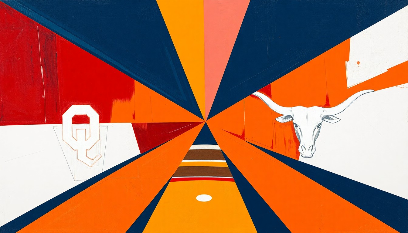 A fragmented, geometric painting depicting a softball game between OU and Texas, with sharp planes of crimson, orange, and blue overlapping to create a sense of motion and competition.