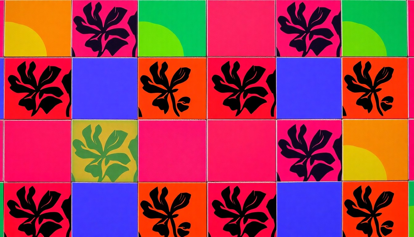 A highly stylized, silkscreen-inspired illustration of a single ceramic tile from the Ka Pae 'Aina o Hawaii Nei mural, featuring bold, neon-bright colors and heavy black outlines that transform the everyday material into a modern pop art piece.