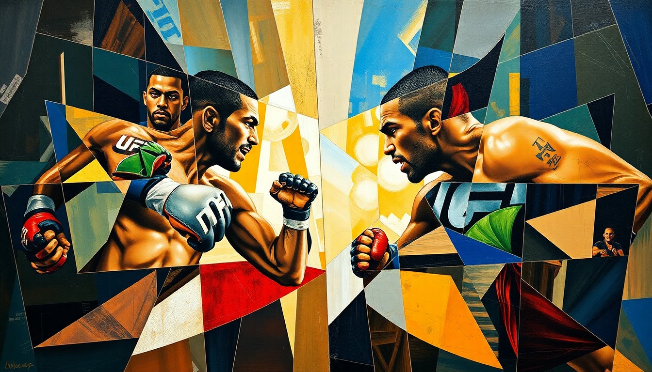 A cubist, geometric painting depicting a UFC flyweight title fight, with the combatants and octagon broken down into sharp, overlapping planes of color and form, conceptually representing the strategic considerations behind the bout's rescheduling.
