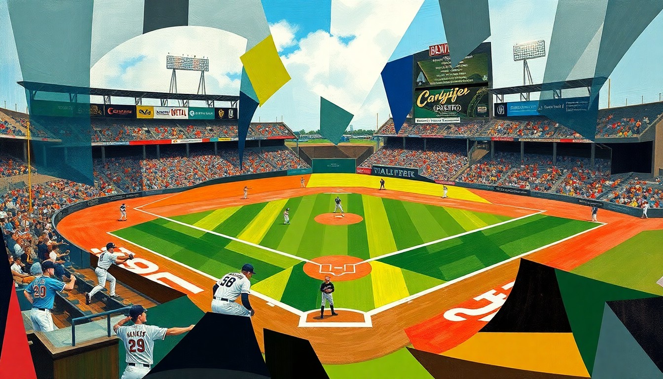 A cubist-style painting depicting a baseball game or match, with the players and field broken down into sharp, overlapping geometric shapes and forms in a vibrant color palette, conveying the complex and dynamic nature of the sport.