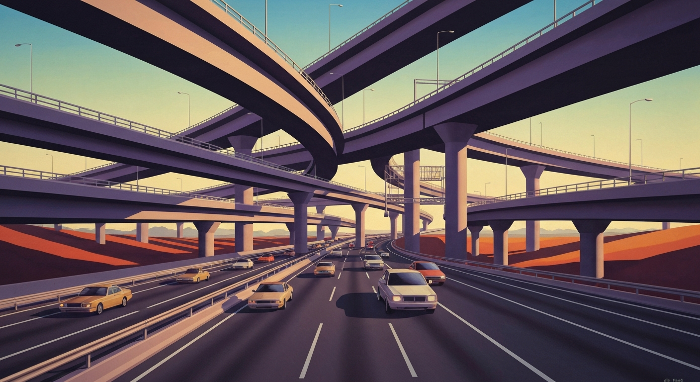 A highly stylized, geometric illustration depicting a towering highway overpass or interchange, with sweeping airbrushed gradients and sleek, streamlined forms conveying the grand scale and impact of a major traffic disruption on the road network.