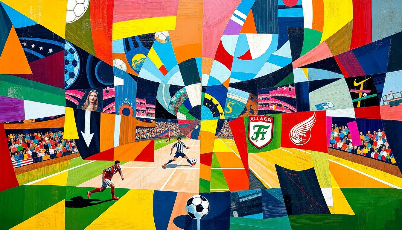 A fragmented, geometric painting depicting a soccer match between two teams, with sharp planes of color representing the players and field of play.