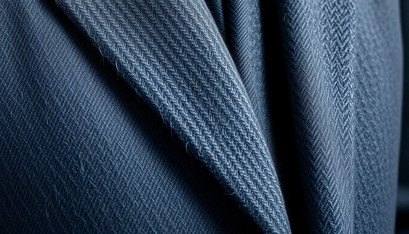 An extreme close-up of a luxurious grey wool blazer texture, shot in dramatic high-contrast studio lighting to capture the glitz and glamour of celebrity fashion.