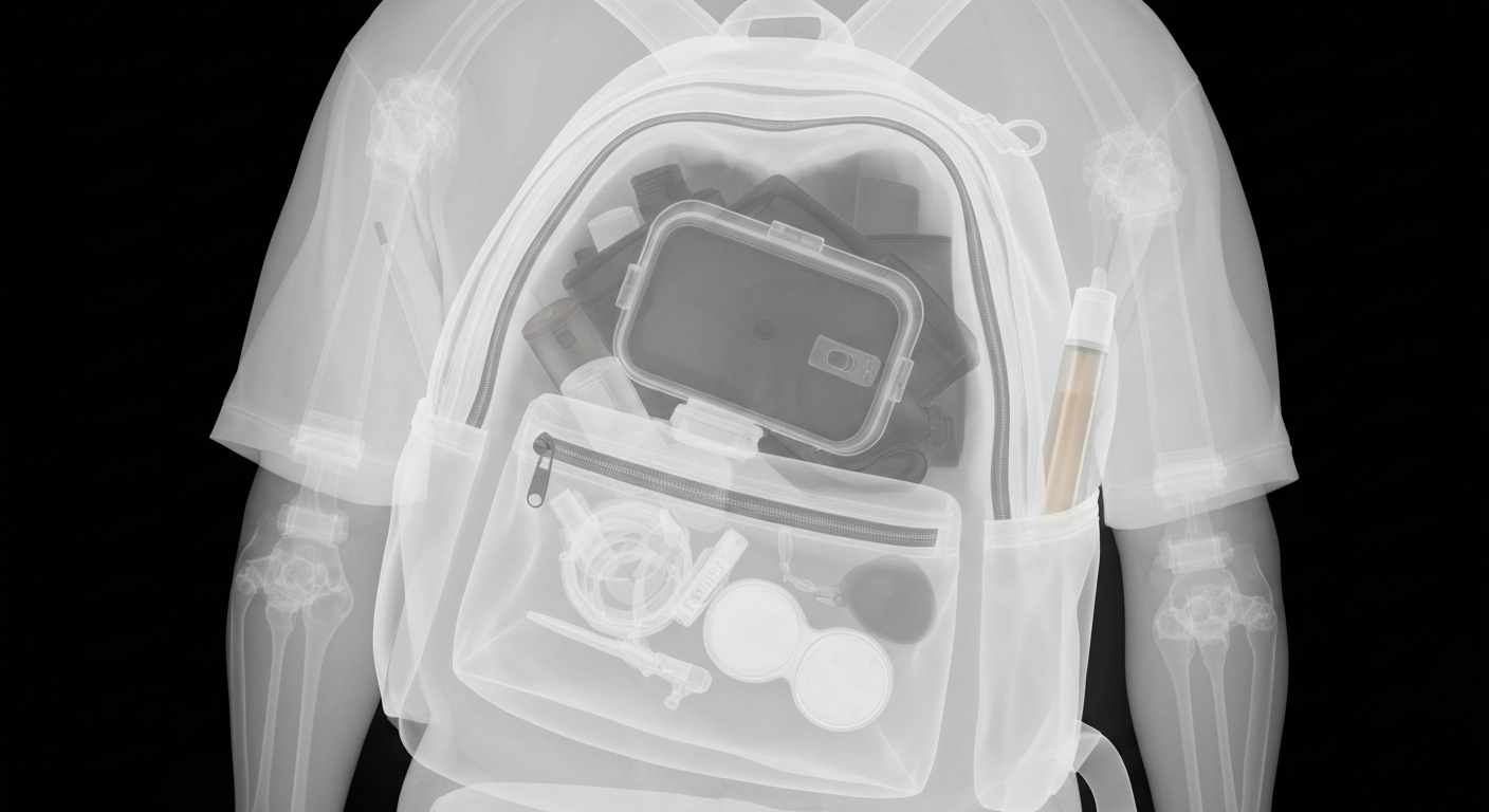 A translucent X-ray photograph revealing the internal structure of a homeless person's backpack and belongings, conveying a sense of vulnerability and the need for compassionate healthcare.
