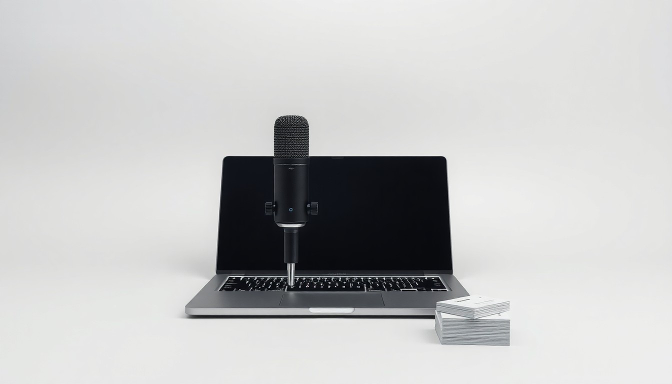 A high-end, photorealistic studio still-life photograph featuring a sleek laptop, professional microphone, and stack of business cards arranged elegantly on a clean, monochromatic background, conceptually representing the abstract concepts of technology, sales, and professional networking.