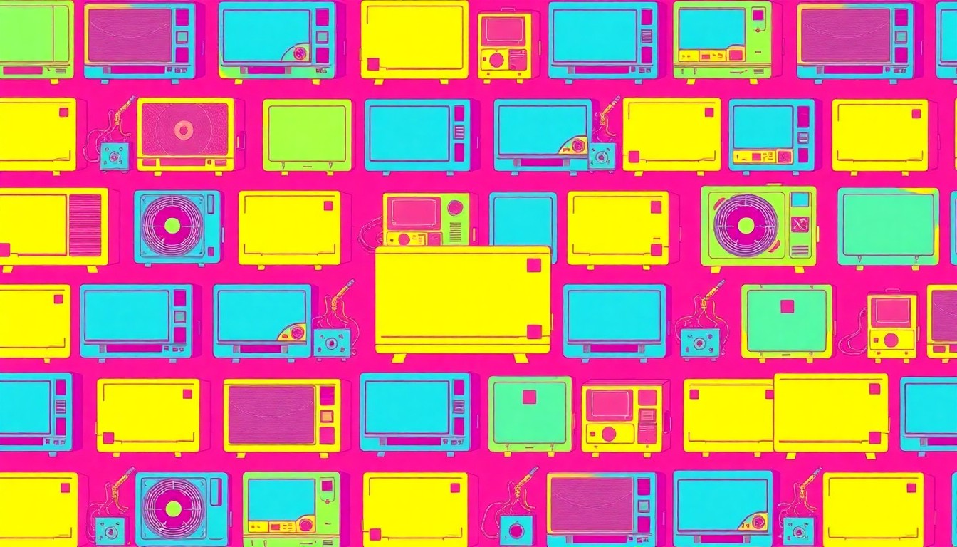 A brightly colored, high-contrast silkscreen print of an air conditioning unit or medical monitoring device, repeated in a tight grid pattern in a neon color palette with heavy black outlines, conceptually representing the intersection of local lifestyle and technological progress in College Park.