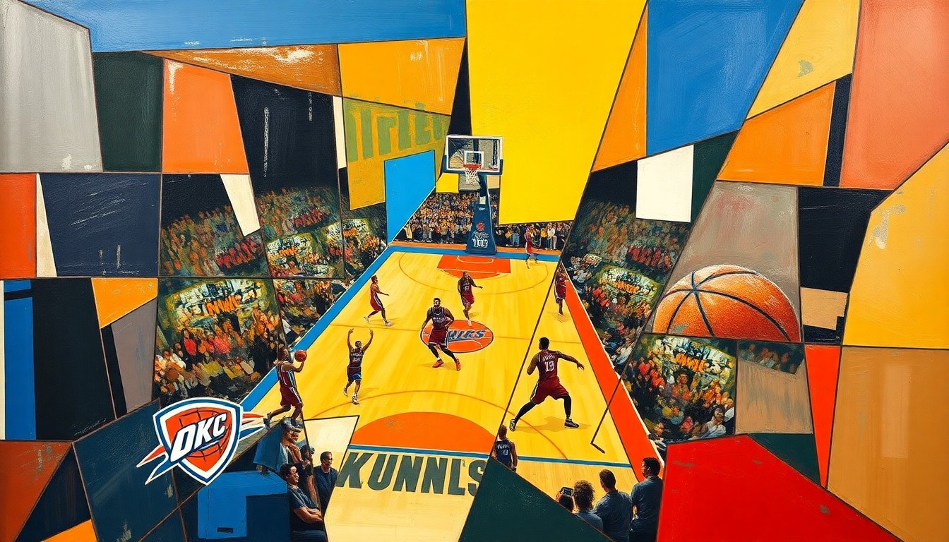 A cubist-style painting depicting a basketball game, with the players and court broken down into sharp, overlapping geometric shapes and planes, capturing the dynamic energy and intensity of the match.