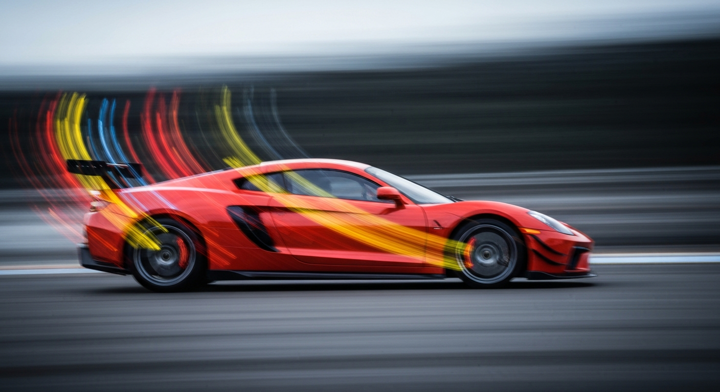 An abstract, blurred image of a speeding supercar, rendered in a swirl of vibrant colors that convey the intense motion and power of modern motorsport.