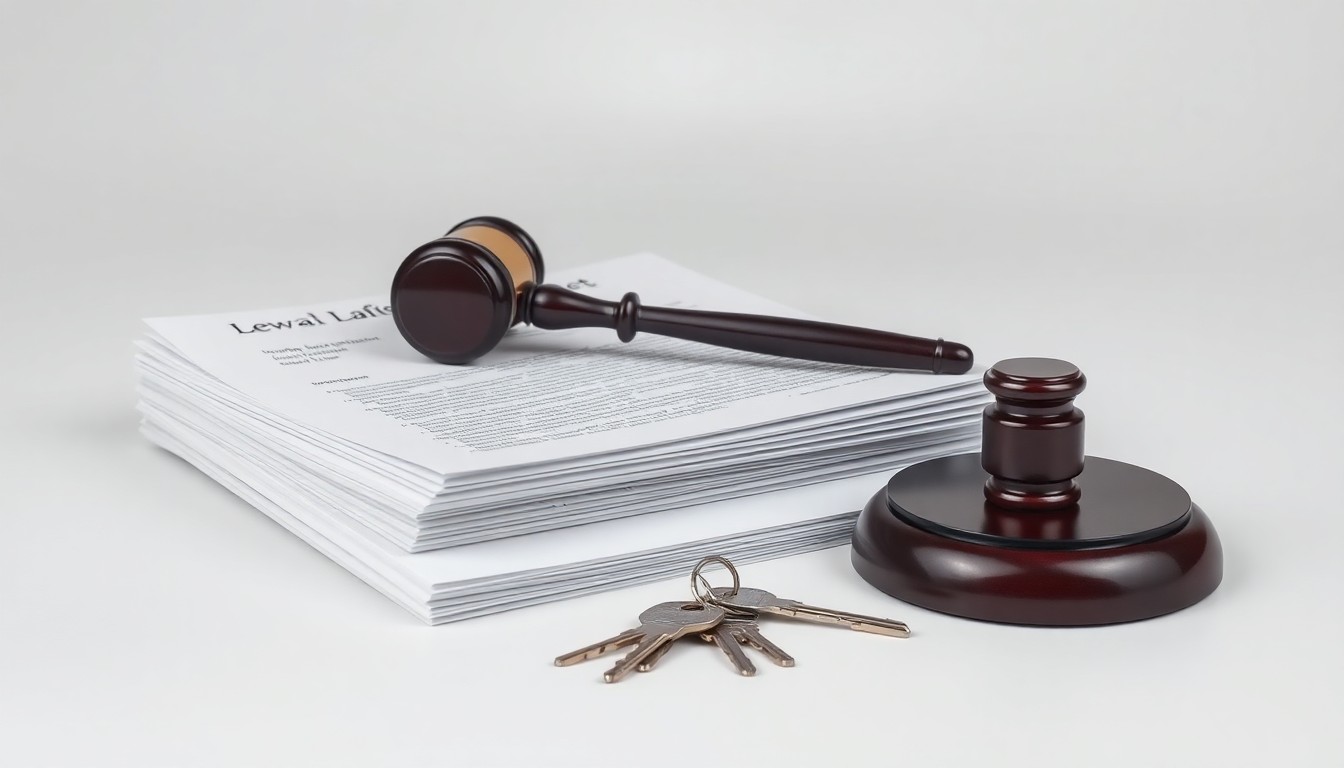 A minimalist studio still life photograph featuring a stack of legal documents, a gavel, and a set of keys on a clean, monochromatic background, conceptually representing the abstract ideas of corporate liability and the impact of the Building Safety Act on the construction industry.
