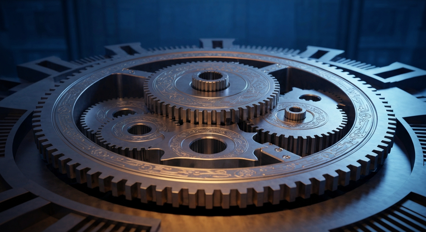 An extreme close-up of a complex, industrial-looking mechanism with interlocking gears and components, representing the powerful financial infrastructure required to support AI technology companies.