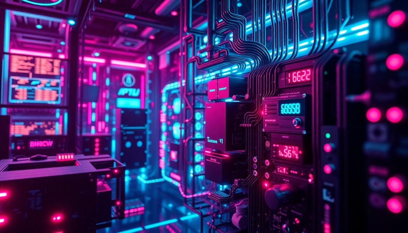 A highly detailed, glowing 3D macro illustration of a complex cybersecurity infrastructure, with neon cyan and magenta lights illuminating the various hardware components and data flows, conceptually representing the power and complexity of advanced AI-powered cybersecurity systems.