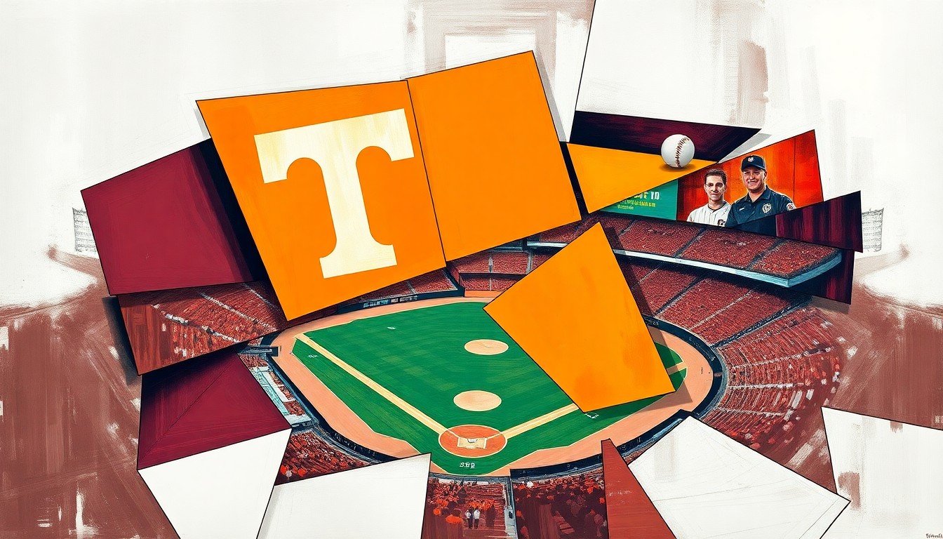 A cubist, geometric painting depicting a Tennessee baseball game against Mississippi State, with the action broken down into sharp, overlapping planes of orange and maroon.