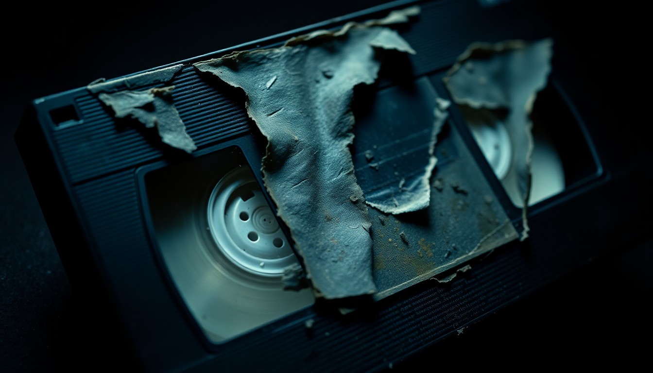 An extreme close-up photograph of a weathered, damaged VHS tape, capturing the gritty, unsettling texture and aged quality of the forgotten media in dramatic high-contrast lighting, conceptually representing the disturbing secrets at the heart of the new horror film 'Play House'.