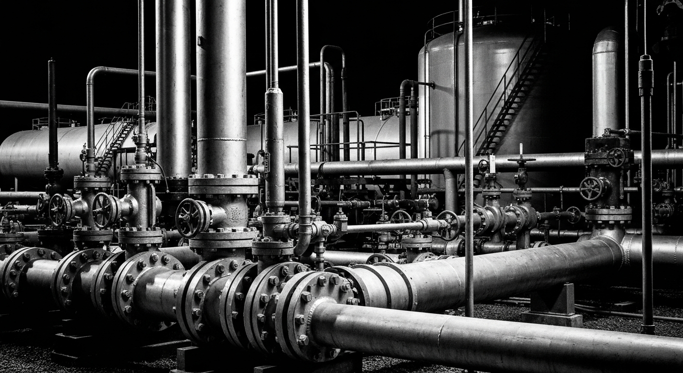 A high-contrast, black-and-white close-up image of industrial midstream energy equipment and machinery, such as pipelines, valves, and storage tanks, conveying the scale, complexity, and importance of this critical infrastructure.