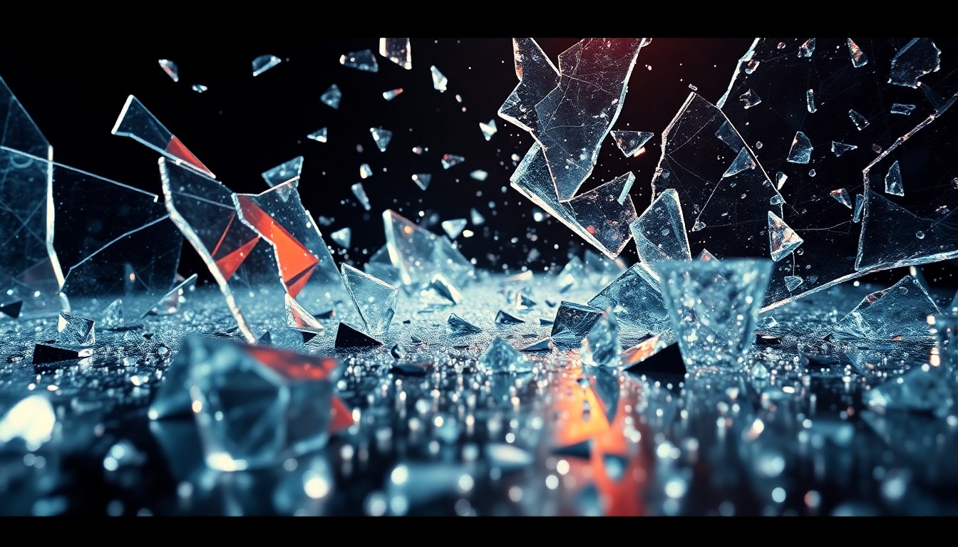 An abstract close-up image featuring shattered glass and reflective metal surfaces, capturing the technological complexity and cosmic scale of the film's narrative.